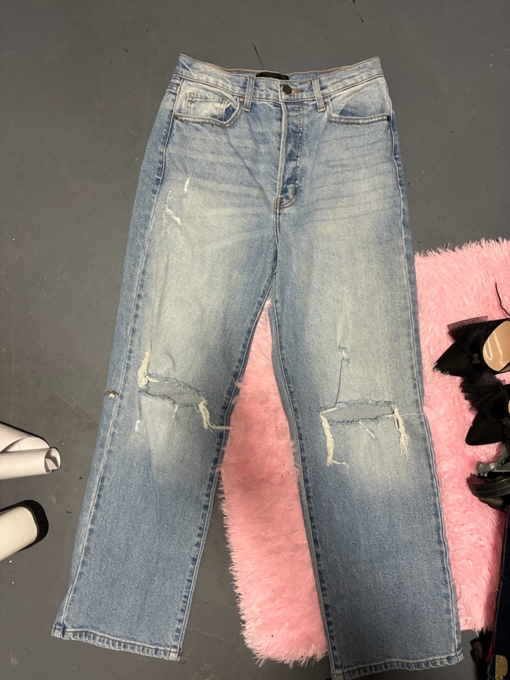 Fashion Nova Light Blue Distressed Straight Leg Jeans